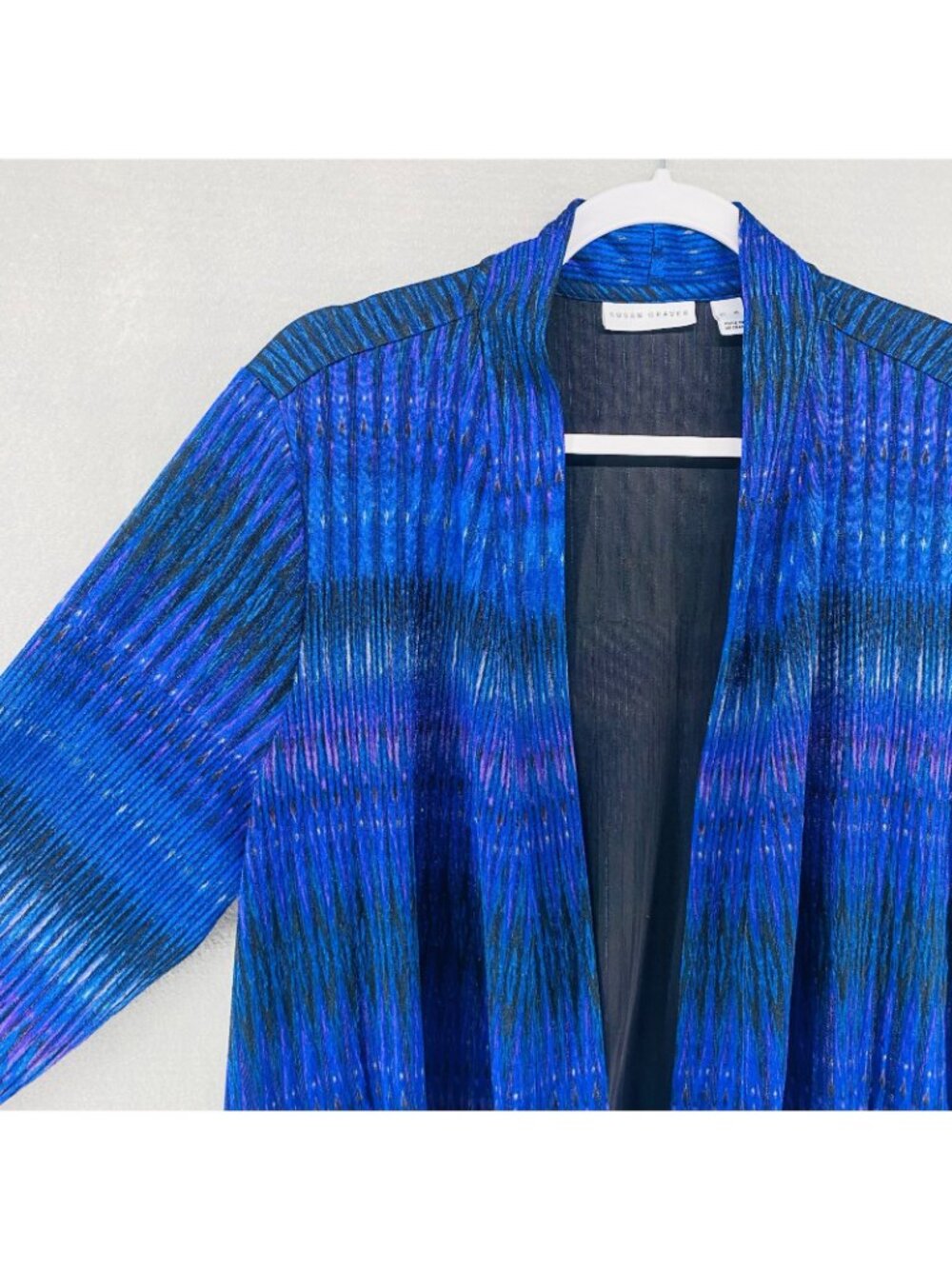 Susan Graver Liquid Knit Sweate XL Purple Blue Stretch Abstract Open Cardigan - Picture 5 of 14